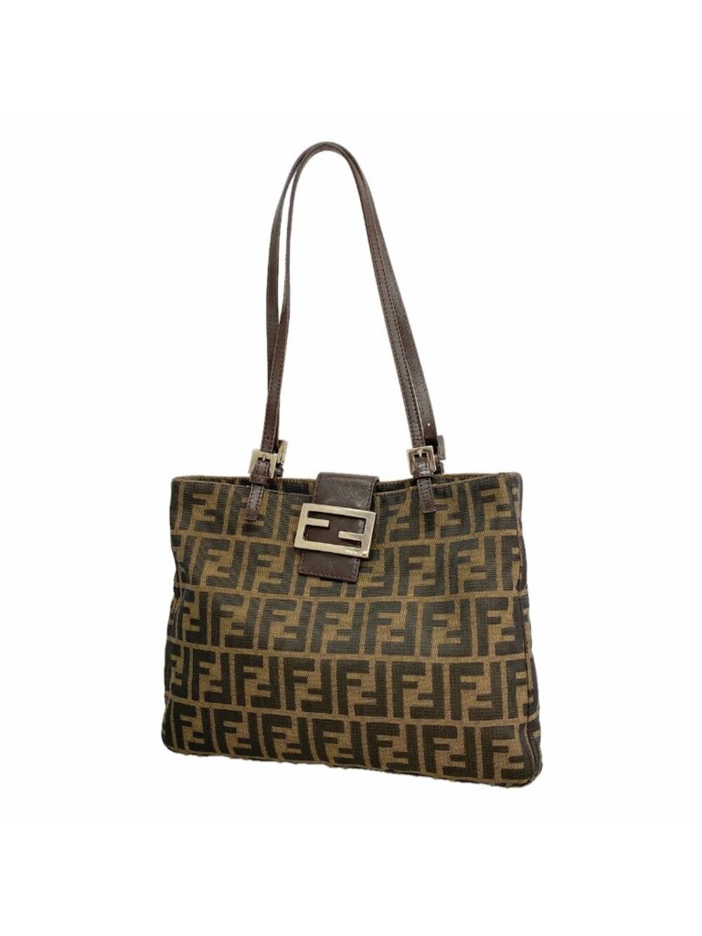 Fendi Shoulder Bag Zucca Nylon Canvas Brown Silver